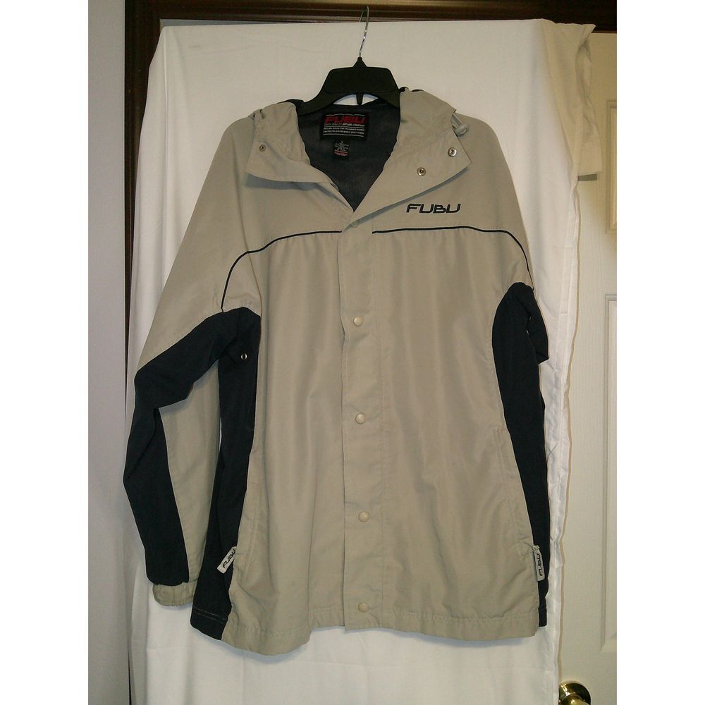 Vintage FUBU Hooded Windbreaker Jacket Tan & Navy Blue Athletic Outerwear Large